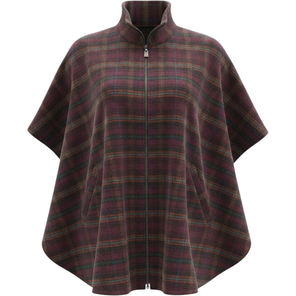 Bemidji Woolen Mills Plaid Wool Zip Front Poncho Cape Burgundy Made in USA